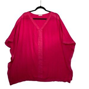 Hot Pink Women Plus Size Short Kaftan Laritta Lace Trim V-Neckline Loose Fit